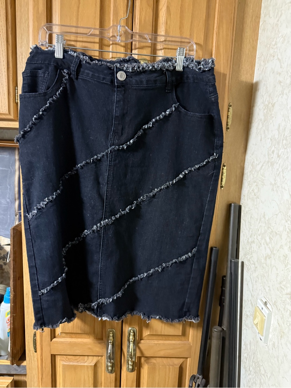 Frayed Trim Black Denim Midi Skirt